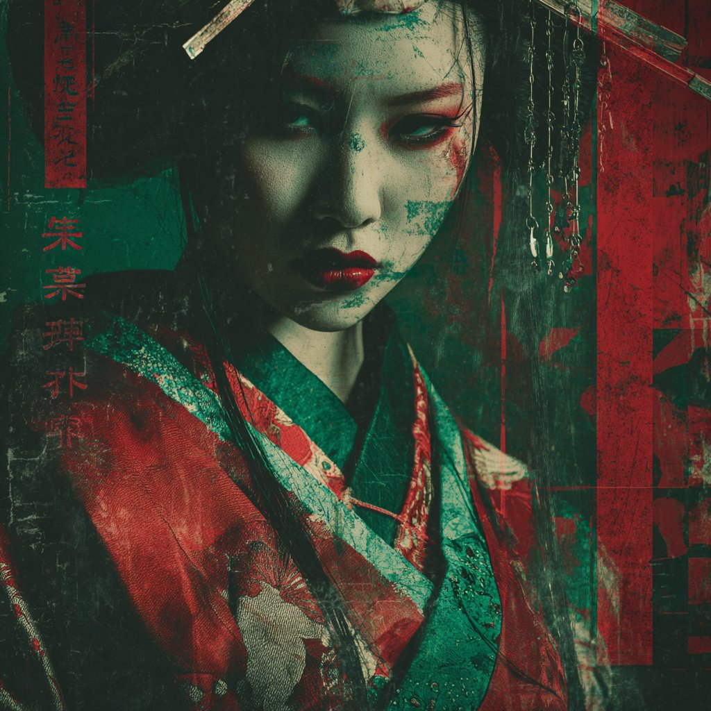 CM-001, archival Japanese portrait with red crosshair grid and technical annotation, direct gaze, constructed noir imagery