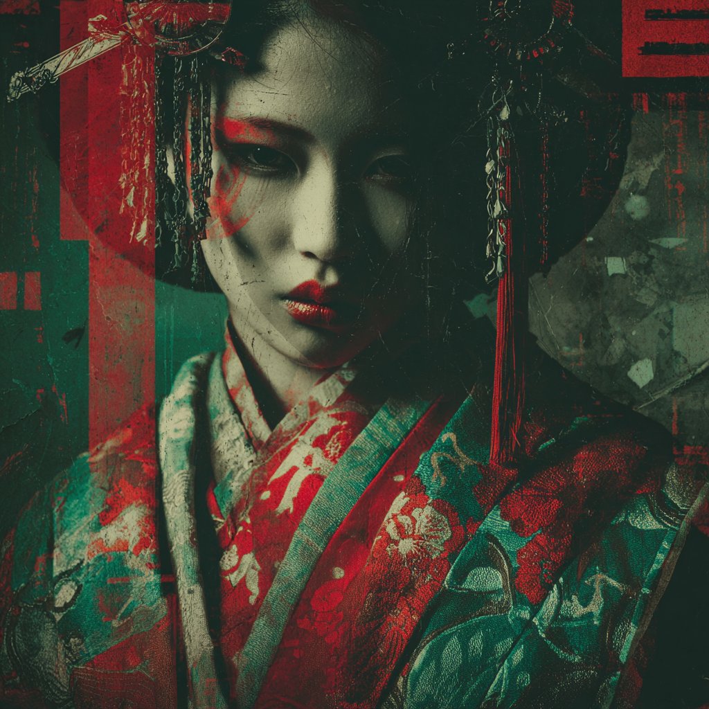 CM-002, archival Japanese portrait in traditional kimono styling with red measurement overlay and film degradation