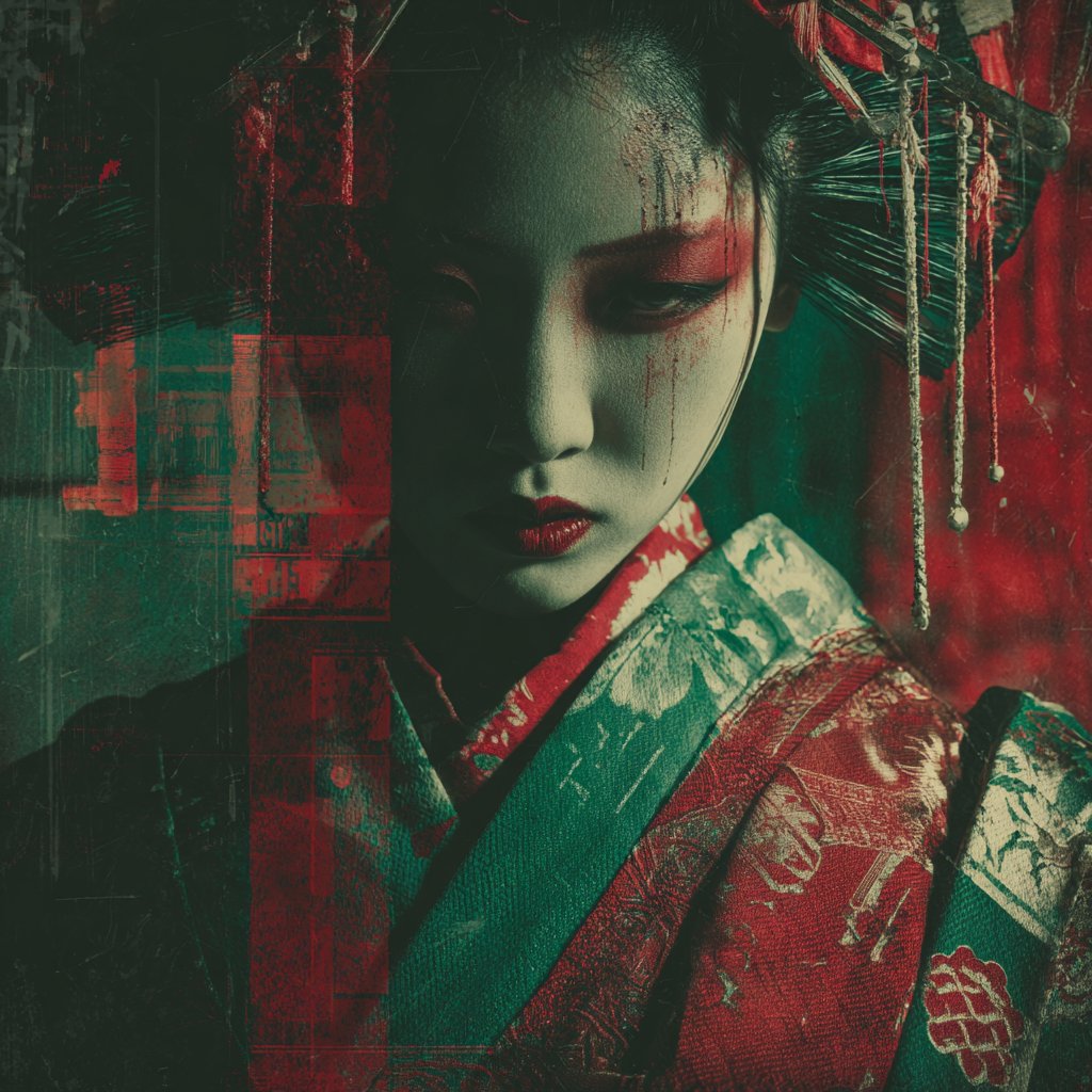 CM-003, archival Japanese portrait with red technical markings, averted gaze, brutalist noir treatment