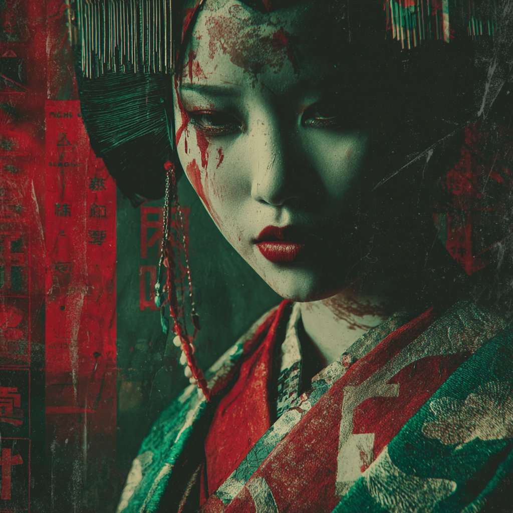 CM-004, archival Japanese portrait with red crosshair overlay, downward gaze, cinematic dystopian grain