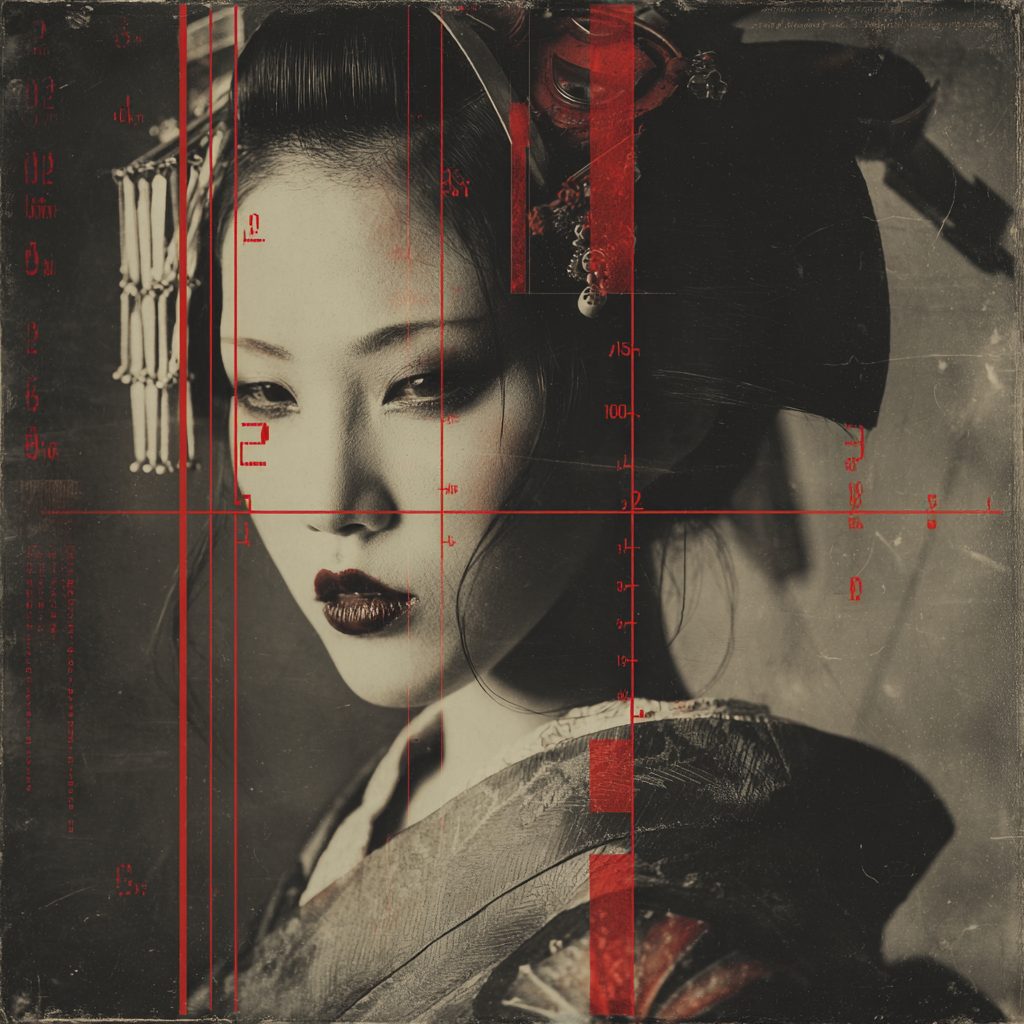 CM-005, archival Japanese portrait with red crosshair grid and coded numeral overlay, direct gaze, ornamental headpiece