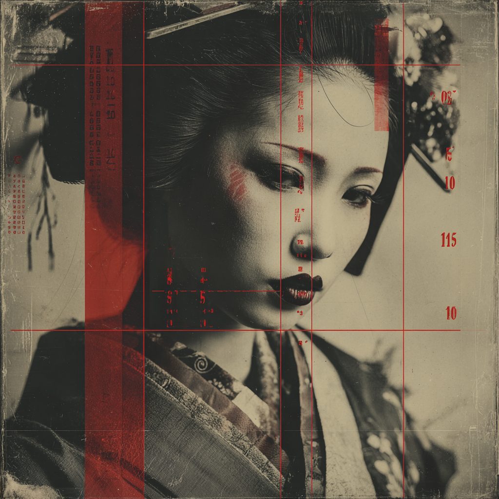 CM-006, archival Japanese portrait with red crosshair grid and technical annotation, averted gaze, weathered film grain