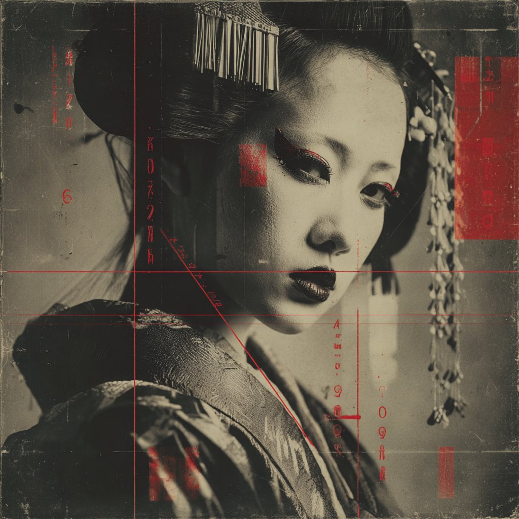 CM-010, cyan-toned double-exposure archival portrait, direct gaze, cybernetic technical overlay, Tokyo noir aesthetic